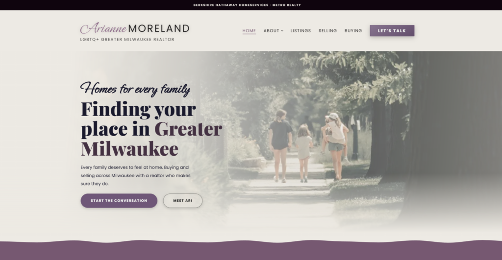 Hero image from Arianne Moreland's website, an LGBTQ+ realtor located in Milwaukee, WI.